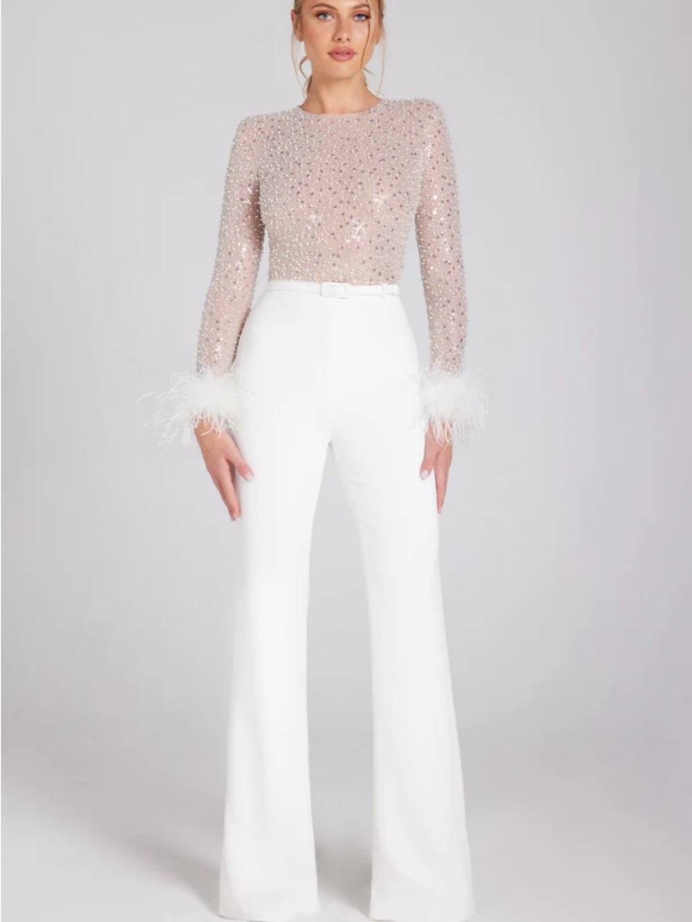 NADINE MERABI Blush Sequin Bodysuit with White Wide-Leg Pants